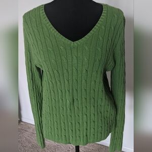 St. John's Bay Classic Cable Grass Green V-Neck Long Sleeve Sweater, size S